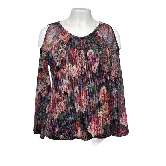 INC International Concepts Cold Shoulder Blouse Ribbed Floral Metallic Size Med - Picture 1 of 8